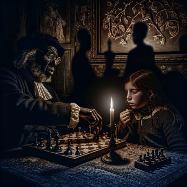 Spelendammen tussen generaties: een man en een meisje in een sfeervolle setting Een oudere man en een jong meisje spelen dammen aan een fraai houten tafel bij kaarslicht.