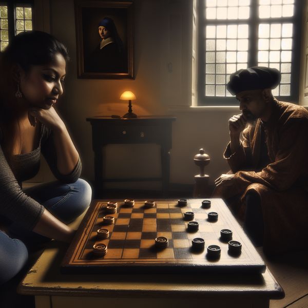 Dammen Spelen - Strategisch Bordspel in een Gezellige Kamer Twee mensen spelen een strategisch spel dammen op een houten bord in een gezellige kamer