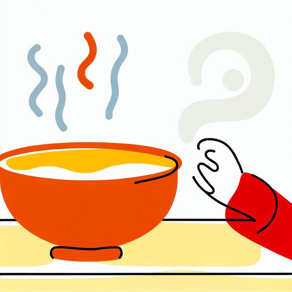 Dampende soep illustratie voor kinderen - leren over hoge temperatuur en voorzichtigheid Minimalistische illustratie van een kom dampende soep met een kinderhand die voorzichtig reikt, waarschuwing voor hoge temperatuur