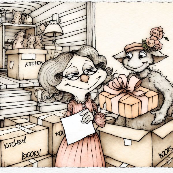 Dankbaarheid tonen met een cadeau en bedankbriefje - Taal leren Nederlands Twee antropomorfe dieren wisselen een bedankbriefje en een cadeau uit in een gezellige verhuisomgeving, uitdrukking van dankbaarheid