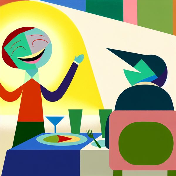 Dankbaarheid Uitdrukkingen in Minimalistische Stijl Een kleurrijke, minimalistische afbeelding van een personage dat dankbaarheid uitdrukt na het diner, geïnspireerd door de stijl van Dick Bruna.