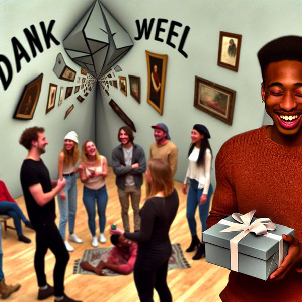 Dankjewel Moment in Surrealistische Escher-stijl Een jonge man bedankt vrienden met een geschenk in een surrealistische Escher-achtige kamer