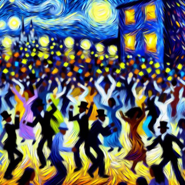 Dansfeest in Van Gogh-stijl: levendige nachtelijke dansvloer met expressieve kleuren Vrolijke dansfeest-scène in de stijl van Van Gogh met zwierende lichten en dansende mensen op een drukke dansvloer onder een sterrenhemel