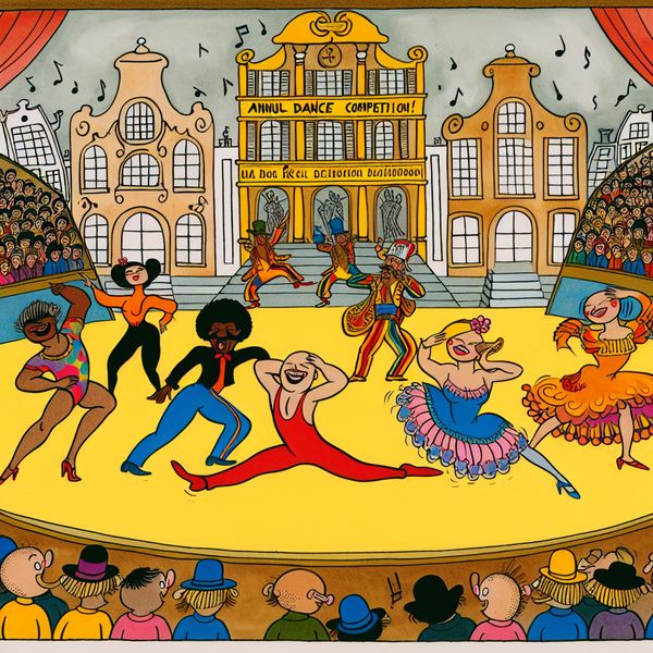 Danswedstrijd in de Stad - Leer Creatief Taalgebruik Een kleurrijke cartoon van een danswedstrijd met diverse dansers op het podium