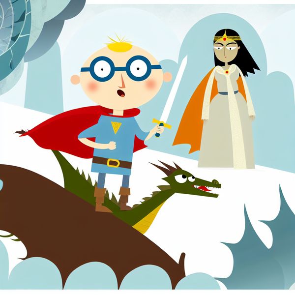 Minimalistische kinderillustratie van een dappere jonge protagonist die triomfantelijk op een verslagen draak staat, met een geredde prinses in de buurt, in de stijl van Dick Bruna