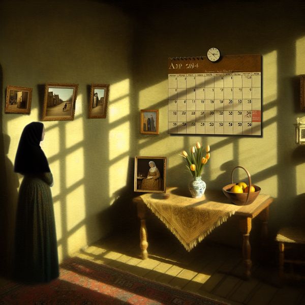 Datum van vandaag in een serene familie woonkamer Een serene familie woonkamer met een kalender die de datum van vandaag toont, omringd door familieherinneringen en zachte verlichting.