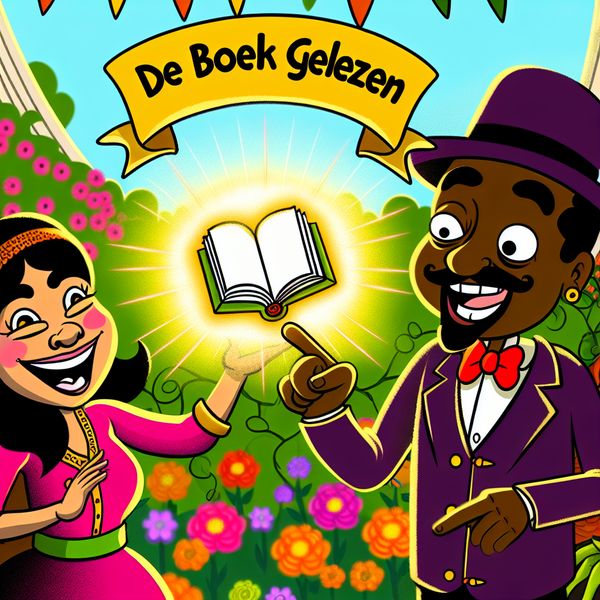 Een kleurrijke cartoonachtige illustratie van een tuin met bloemen, waarin een glimlachend personage een boek leest en een ander personage enthousiast naar het boek wijst.