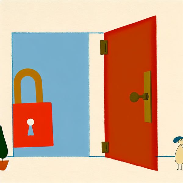 Illustratie van een Deur met Slot - Beveiliging en Veiligheid voor Kinderen Een minimalistische illustratie van een kleurrijke deur met een groot slot, met een schattig personage dat nieuwsgierig naar het slot kijkt.