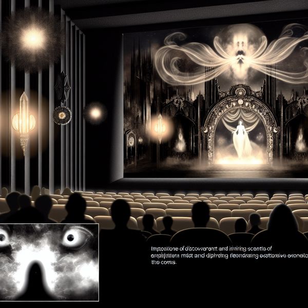 De ontdekking van de hemel - Mysterieuze bioscoopervaring Een donkere en mysterieuze bioscoopzaal met een publiek van schimmige figuren.