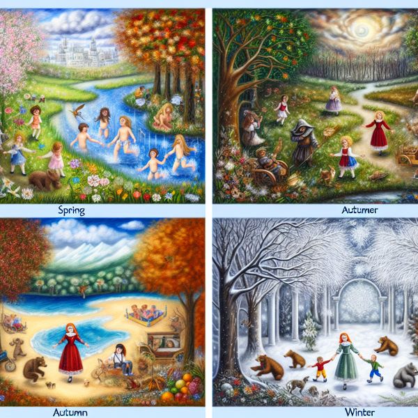 De Vier Seizoenen: Lente, Zomer, Herfst en Winter Illustratie Een illustratie van de vier seizoenen met bloeiende bloemen in de lente, zonnige stranden in de zomer, kleurrijke bladeren in de herfst en besneeuwde landschappen in de winter.