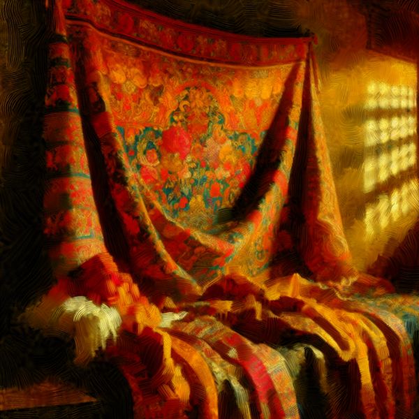 Decoratief doek in warm verlichte omgeving Kleurrijk decoratief doek dat elegant vanuit de muur hangt, met rijke patronen en dramatische belichting