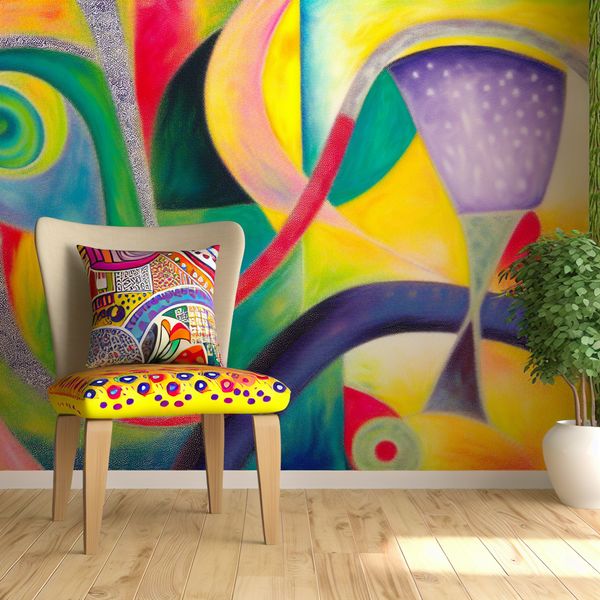 Stijlvolle stoel met decoratief kussentje in moderne woonruimte Vibrante afbeelding van een stijlvolle stoel met een kleurrijk decoratief kussentje met speelse patronen.