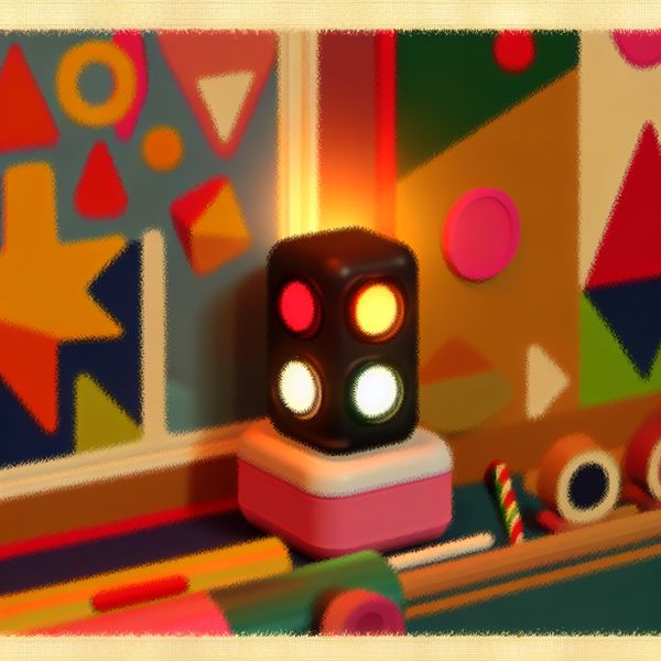 Decoratieve stoplicht in een kleurrijke feestelijke kamer met retro-futuristische versieringen