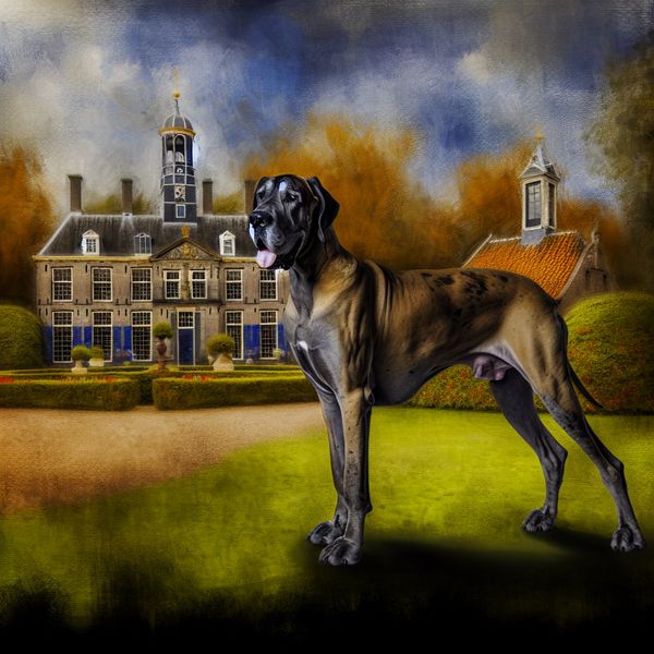 Deense dog als beschermer van historisch landgoed - schilderij in Hals-stijl Majestueuze Deense dog staat waakzaam voor een historisch Nederlands landhuis in de stijl van Frans Hals