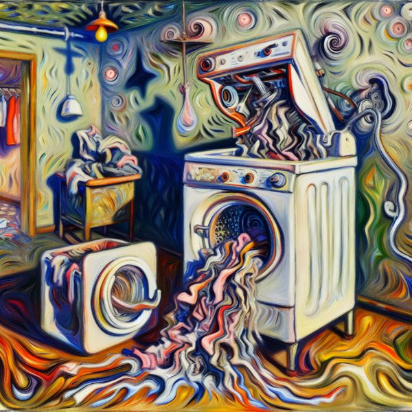 Defecte wasmachine in abstract expressionistische stijl - taal leren Nederlands Abstract expressionistisch schilderij van een defecte wasmachine in een chaotische huishoudelijke setting met felle kleuren en dynamische penseelstreken