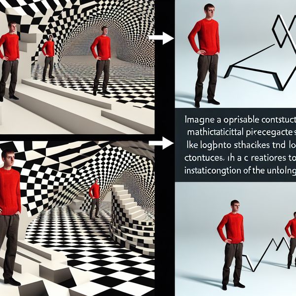 Surrealistische optische illusie in de stijl van M.C. Escher met twee identieke figuren in een race, waarbij één persoon in een felrode trui opvalt als 'degene'