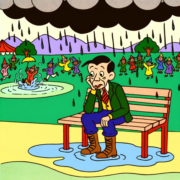 Dejected Man in the Rain: A Contrast of Emotions Een cartoonachtige afbeelding van een man met een dejected gezicht, zittend op een bankje in de regen, omgeven door plassen, terwijl anderen vrolijk een festival genieten op de achtergrond.