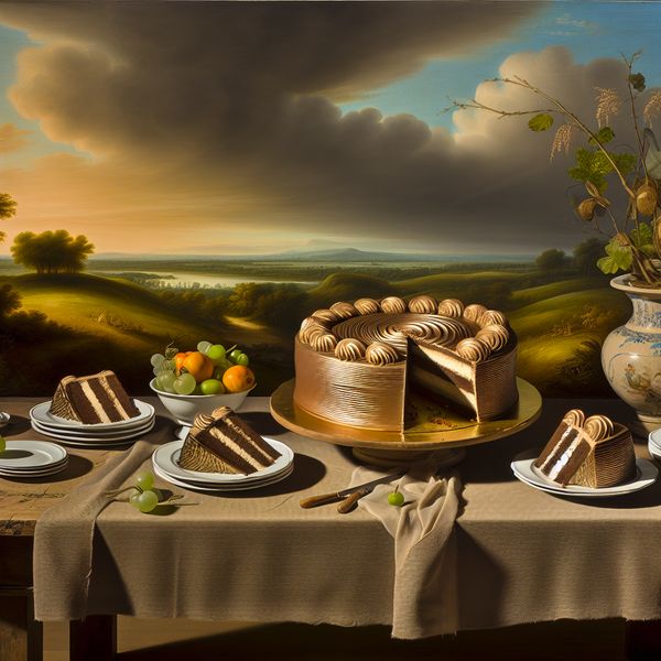 Deel een Verjaardagstaart in Vier Buiten een rustieke tafel met een prachtig versierde ronde taart die in vier gelijke stukken is gesneden, elk stuk op elegante borden.