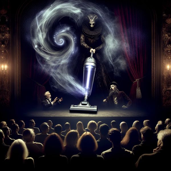 Demonstreren van een product in een mysterieuze gothic setting Gothische scène waarin een charismatische figuur een moderne stofzuiger demonstreert aan een gefascineerd publiek in een weelderige, donkere ruimte