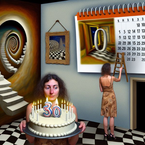 Dertig jaar oud worden in Escher-stijl: symbolische verjaardag met optische illusies Surrealistische verjaardagstaferel van dertig jaar in de stijl van M.C. Escher met optische illusies en geometrische patronen