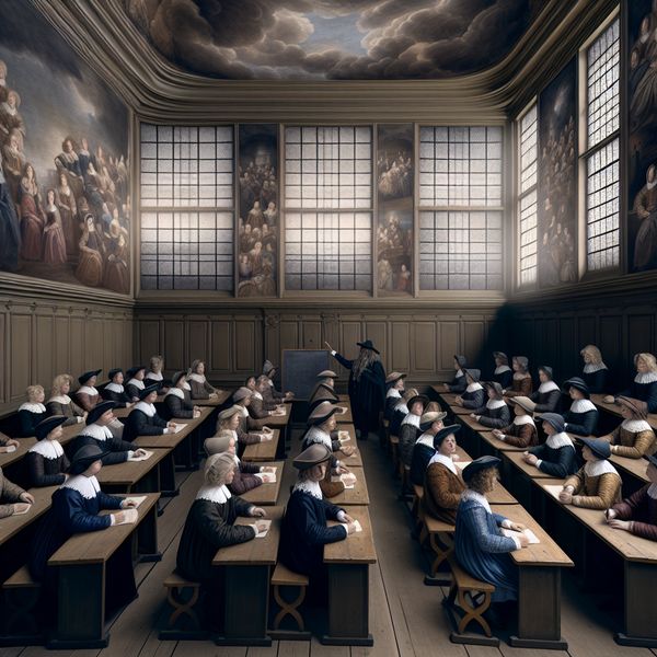 Dertig leerlingen in historische klaslokaal - 17e-eeuws Nederlands onderwijs tafereel 17e-eeuwse Nederlandse klas met dertig leerlingen in historische kleding, lesgegeven door een leraar voor een schoolbord