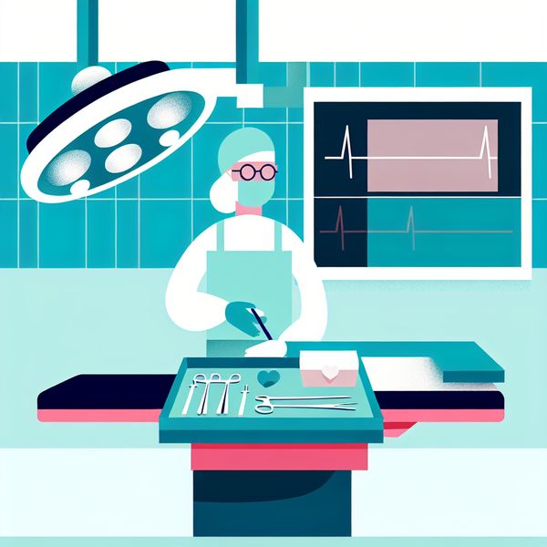 Minimalistische illustratie van een deskundige chirurg in een steriele operatiekamer, met chirurgische instrumenten en een hartmonitor, in de stijl van Dick Bruna