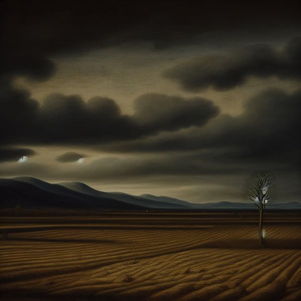 Desolaat landschap met dramatische lucht voor taalstudie Desolaat landschap met golvende heuvels, een moody lucht en een eenzame boom in de voorgrond