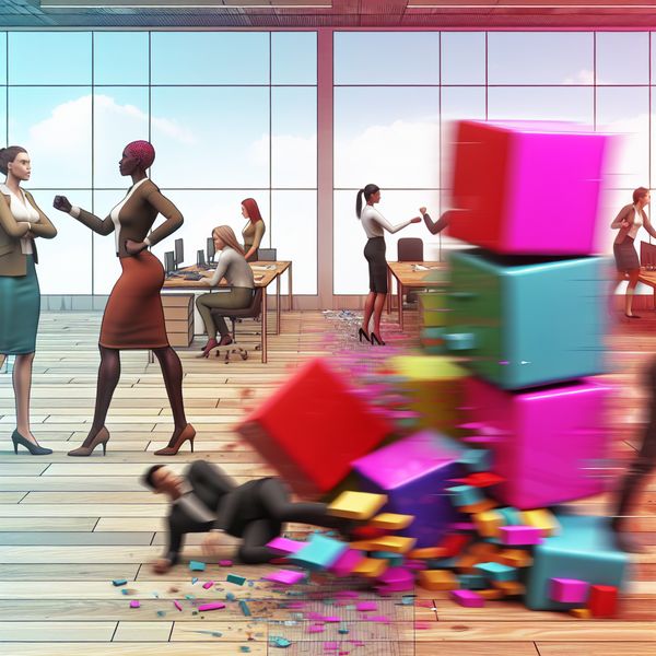 Twee groepen diverse professionals in een kantoor met gespannen lichaamstaal, terwijl een project met kleurrijke blokken instort op de achtergrond.