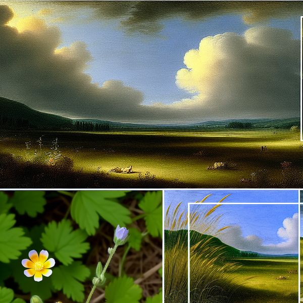 Detail van een bloem in een serene landschap Dichtbij opname van een kleine, levendige bloem in een uitgestrekt veld, omringd door hogere grassoorten en andere wilde bloemen, met op de achtergrond glooiende heuvels onder een dramatische lucht.