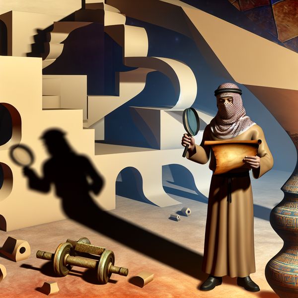 Detektiv ontmaskert historische geheimen met antieke rol Een detective die een oude rol onder een vergrootglas onderzoekt te midden van mysterieuze artefacten en een surrealistische achtergrond van gedraaide trappen.