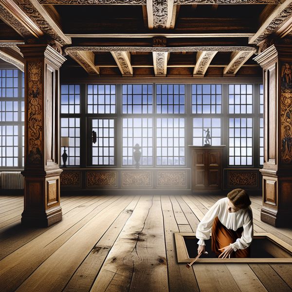 Detective Onderzoek in Historisch Huis Een detective kijkt onder de houten vloer van een historisch huis waar een schaduwachtige figuur zich verbergt.