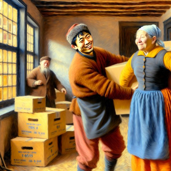 Vriendelijke persoon helpt een oudere vrouw met het dragen van een zware doos tijdens een verhuizing, toont deugdzaamheid en medemenselijkheid in een warme, huiselijke setting