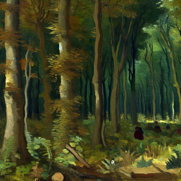 Dichtbegroeid woud met wilde natuur en verdwaald meisje - Nederlandse taal leren Meisje in gescheurde jurk verdwaald in een dichtbegroeid, mysterieus woud met hoge bomen en zonlicht dat door het bladerdak schijnt