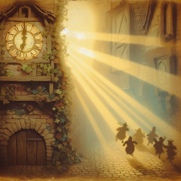 Een nostalgische klokkentoren met bijna vijf uur, omringd door haastende personages in sprookjesachtige stijl, die het gevoel van 'dichtbij' uitbeelden