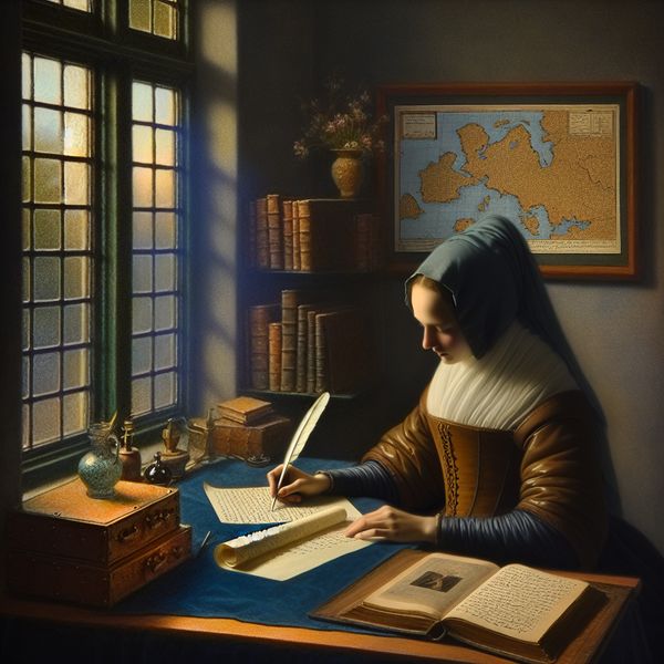 17e-eeuwse dichter in een rustige kamer, geconcentreerd schrijvend aan een houten bureau bij zacht licht, in de stijl van Johannes Vermeer