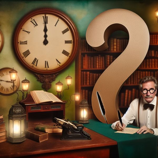 Dichter aan Vintage Bureau met Decoratief Leesteken Een dichter schrijft op perkament aan een vintage bureau, omringd door boeken en een groot decoratief leesteken.