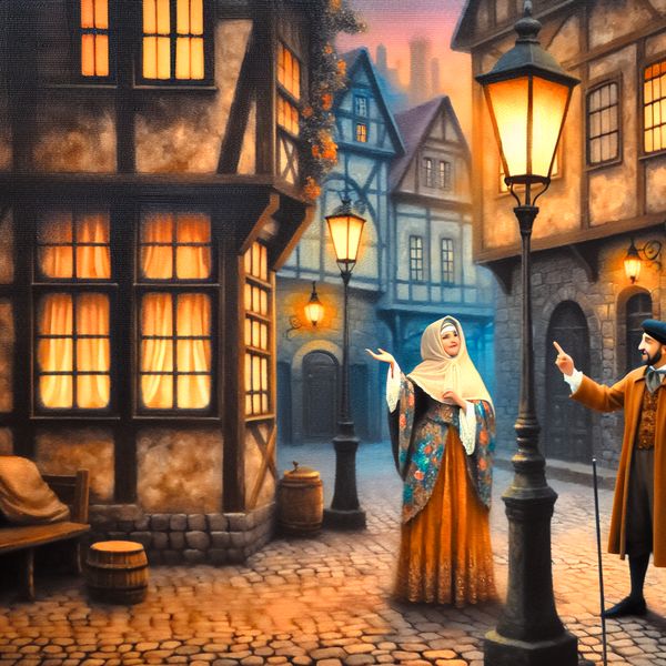 Twee personen die dichter bij elkaar komen onder een nostalgische gaslantaarn in een sprookjesachtige Europese straat, symboliserend het verkleinen van fysieke afstand