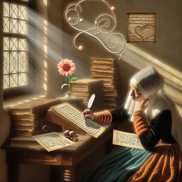 Een serene woonkamer met een dichteres aan een houten tafel, omringd door boeken en perkament, terwijl ze in gedachten verzonken is.