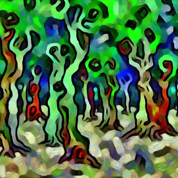 Dichterlijk bos natuurgebied - Historische en literaire bosvoorstelling in expressieve stijl Abstracte voorstelling van een mysterieus historisch bos met levendige kleuren en expressieve vormen, geïnspireerd op Karel Appel