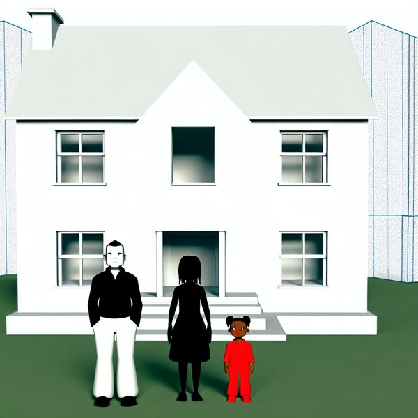 Gezin voor Enorm Huis Illustratie Minimalistische illustratie van een gezin voor een oversized huis in Dick Bruna-stijl