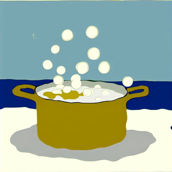 Pot met soep die borrelt op een fornuis in Dick Bruna-stijl met luchtbellen