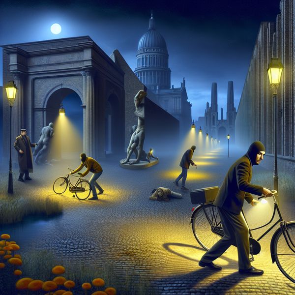 Een groep dieven steelt een fiets in een goed verlichte stedelijke straat 's nachts, met nadruk op één dief die de fiets naar een donkere steeg trekt.