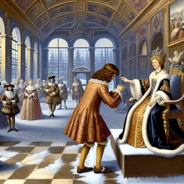 17e-eeuwse hofscène waarin een edelman een diepe buiging maakt voor een koningin op haar troon, omringd door hovelingen in een rijkversierde zaal