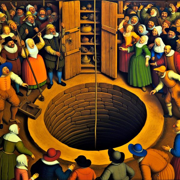 Diepe put en kast in chaotische Jan Steen-stijl: illustratie van diepte en afstand Levendige scène in de stijl van Jan Steen met een groep mensen rond een diepe put, een persoon hangt over de rand met een touw dat ver naar beneden verdwijnt, ter illustratie van het begrip diepte
