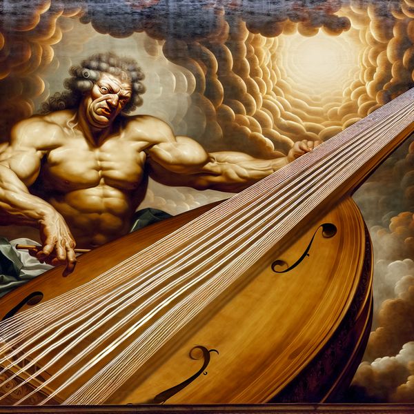 Diepe toonhoogte: dramatische barokscène met basgitaar en resonerende geluidsgolven Barokke scène met goddelijke figuur die een enorme basgitaar bespeelt, omringd door golvende geluidsgolven en dramatisch licht