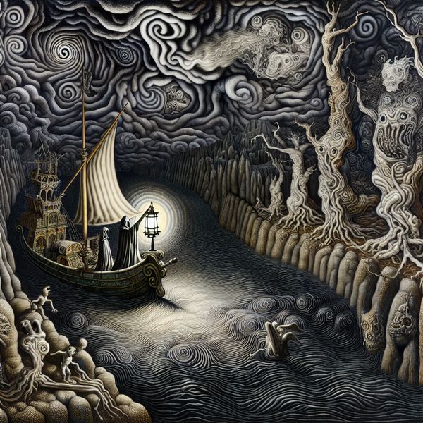 Diepe vaarweg voor scheepvaart in surrealistische Bosch-stijl met gids en schip Surrealistisch tafereel van een diepe vaarweg in de stijl van Jheronimus Bosch, met een mysterieus schip geleid door een gids met lantaarn