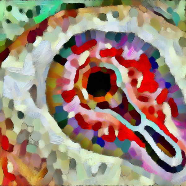Diepe wond reinigen: abstracte illustratie van verwijdering van vuil en debris Abstracte illustratie van een diepe wond die gereinigd wordt, met felle kleuren en expressieve penseelstreken in de stijl van Karel Appel