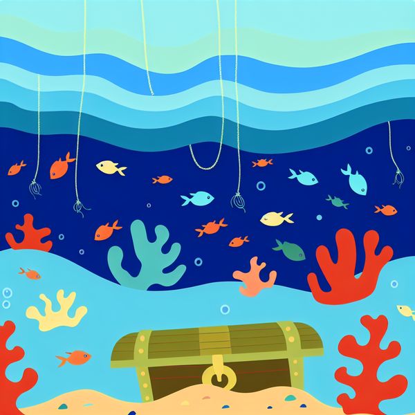 Diepste deel van de zee - kinderillustratie met schat en vissen Minimalistische illustratie van het diepste deel van de zee met een schatkist, kleurrijke vissen en koraal, in de stijl van Dick Bruna
