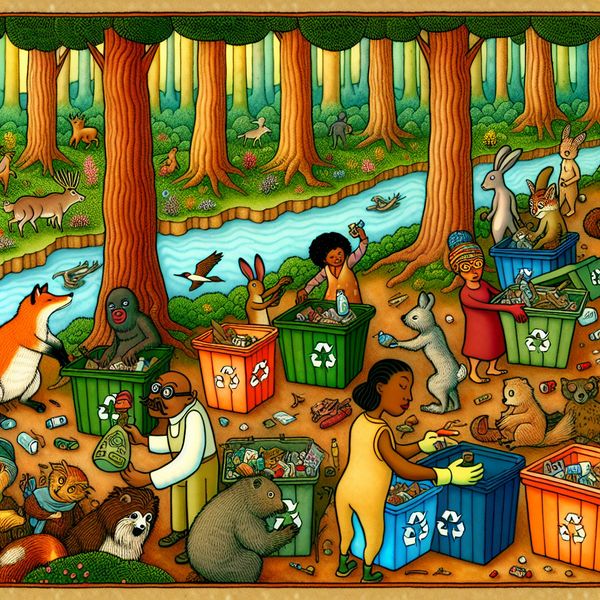 Samenwerken voor natuurbehoud: dieren en mensen recyclen afval in levendige cartoon Kleurrijke cartoon van dieren en mensen die samenwerken om de natuur te beschermen door afval te recyclen in een weelderig bos