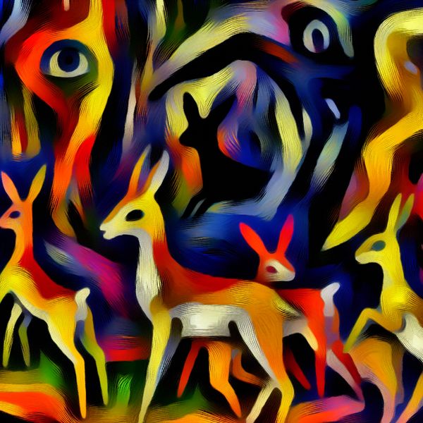 Vibrante abstracte afbeelding van een groep kleurrijke dieren zoals herten en konijnen die angstig terugtrekken voor een schaduwachtige roofdier in de achtergrond.